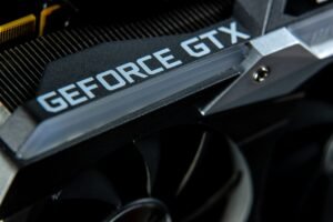 Close-up of a graphics card GPU and memory components