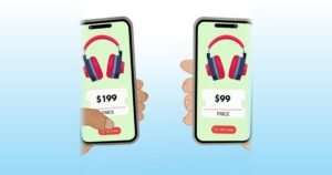 Two hands holding smartphones showing the same headphones priced at $199 and $99, illustrating surveillance pricing